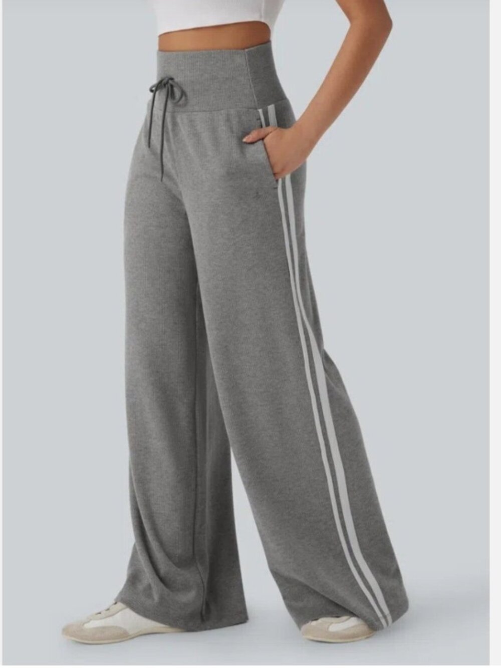 HALARA Ribbed High Waisted Wide Leg Striped Pants Gray Petite Large